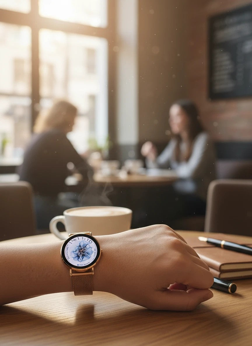 Reloj inteligente Raftec en oro rosa con correa de malla metálica, mostrado en una muñeca en una cafetería.