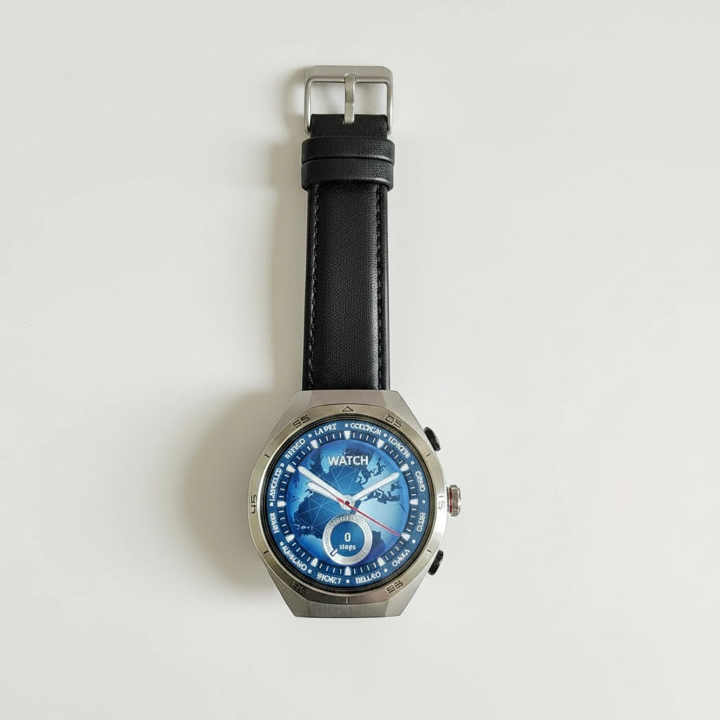 Smartwatch Raftec GT97 con correa de cuero marrón y pantalla de mapa mundial azul. Incluye audífonos integrados.