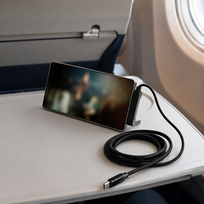 Cable USB-C con soporte plegable sosteniendo un teléfono en la mesita de un avión