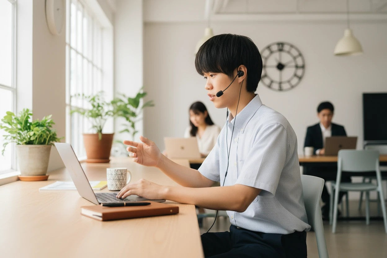 Auriculares Final VR3000 negros con micrófono, usados por un hombre trabajando en un portátil en una oficina luminosa.