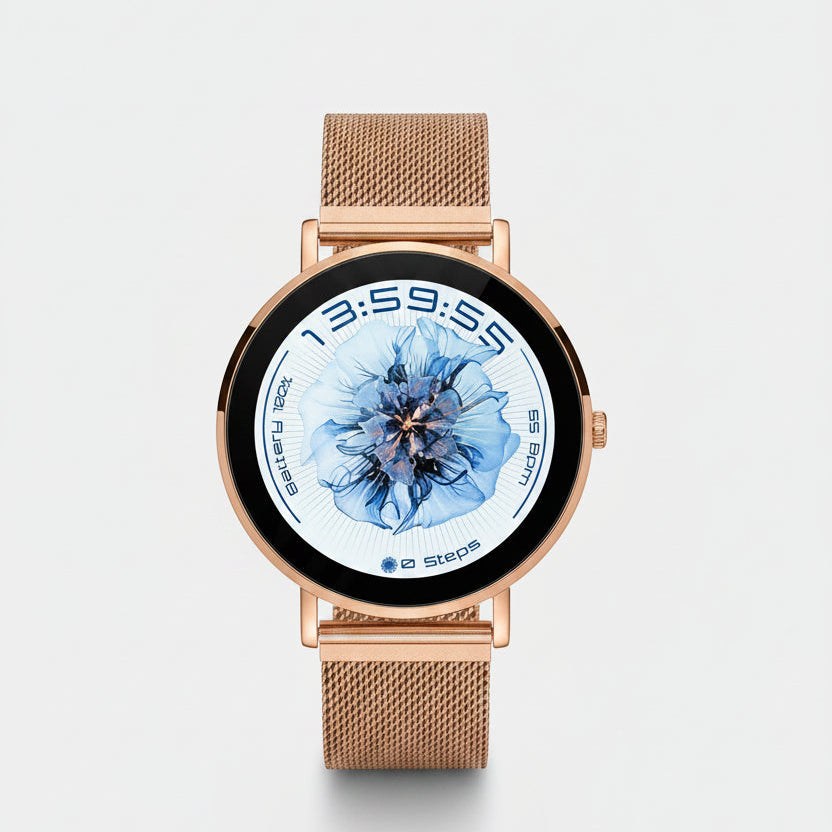 Smartwatch Raftec en oro rosa con esfera circular y correa de malla metálica ajustable para un estilo elegante.