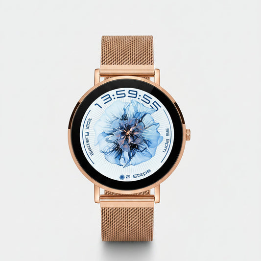 Smartwatch Raftec en oro rosa con esfera circular y correa de malla metálica ajustable para un estilo elegante.
