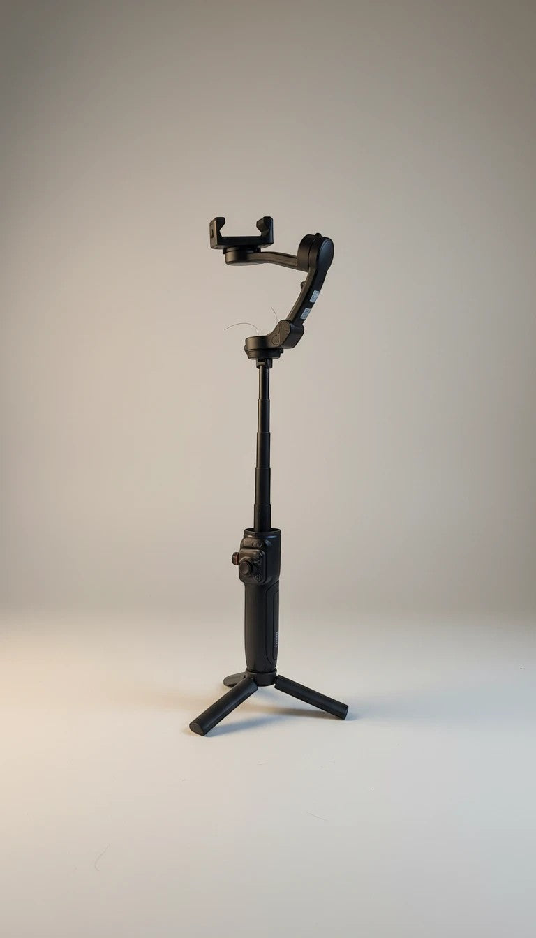 Raftec estabilizador de cardán negro extensible para teléfono móvil con trípode integrado, ideal para vlogging y fotografía.