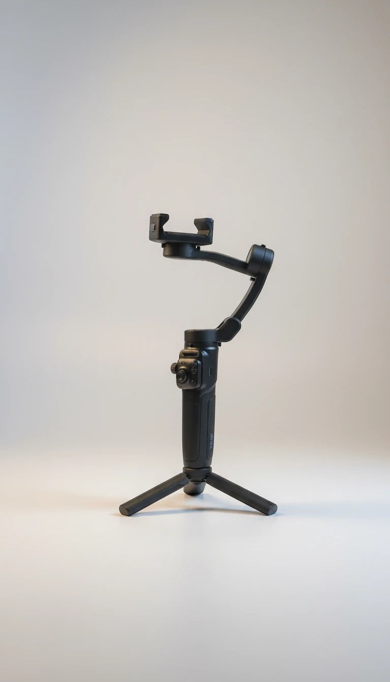 Estabilizador de cardán negro Raftec para smartphone con trípode integrado, ideal para vídeos fluidos y fotos estables.