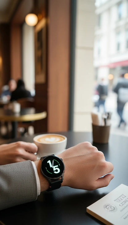 Reloj inteligente Raftec con correa de silicona negra en una muñeca, usado en un entorno de cafetería elegante.