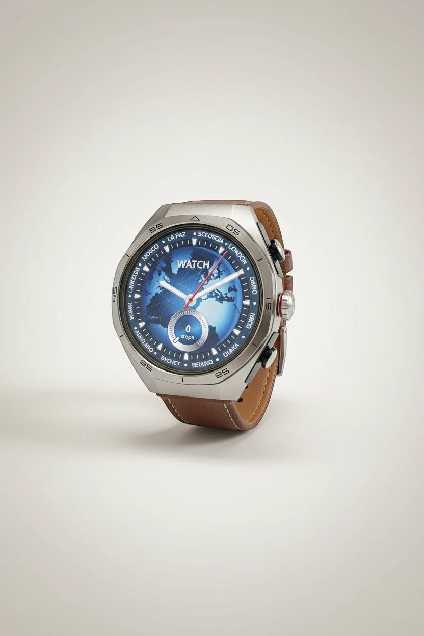 Raftec reloj inteligente plateado con correa de cuero marrón y esfera de mapa del mundo azul. Muestra la hora y pasos.