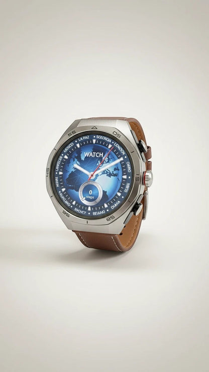 Raftec reloj inteligente plateado con correa de cuero marrón y esfera de mapa del mundo azul. Muestra la hora y pasos.