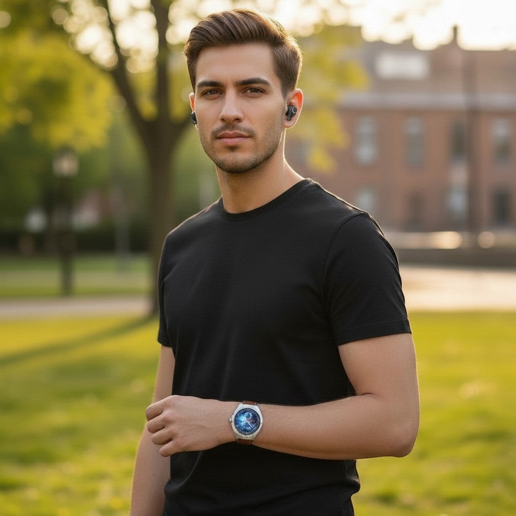 Raftec reloj inteligente con esfera de mapa del mundo azul, caja plateada y correa de cuero marrón. Auriculares inalámbricos negros incluidos.