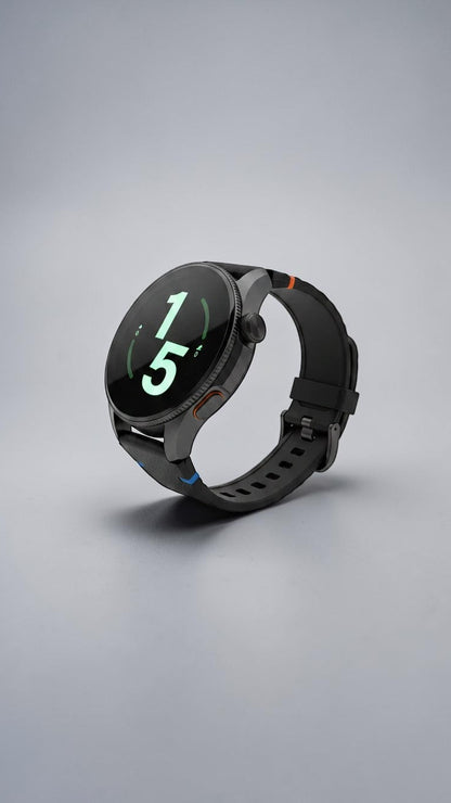 Reloj inteligente Raftec con caja circular negra, pantalla digital y correa de silicona deportiva con detalles de color