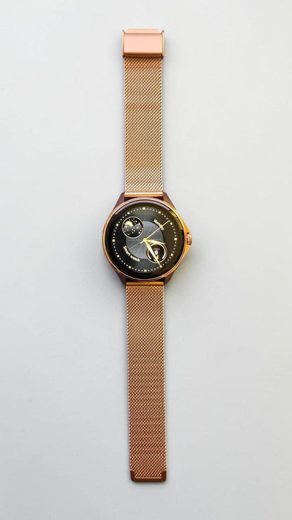 Reloj inteligente Raftec en oro rosa con pantalla circular y elegante correa de malla metálica ajustable