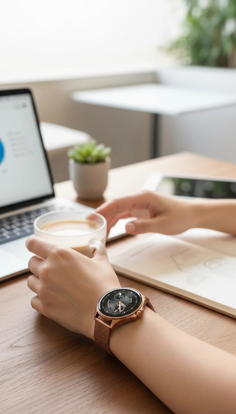 Reloj inteligente Raftec en oro rosa con correa de malla metálica, usado por una mujer en una oficina con café y laptop.