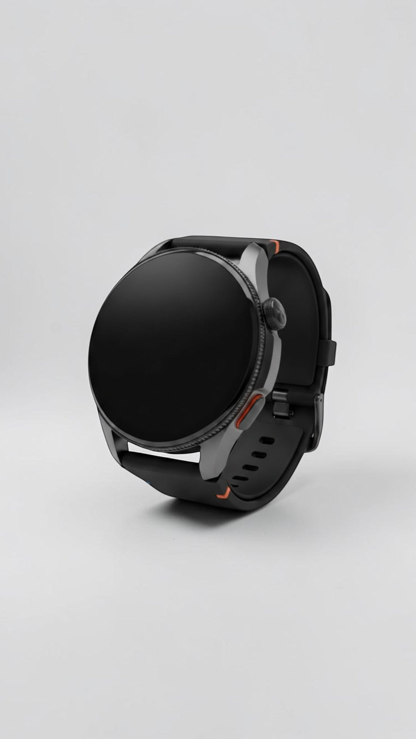 Reloj inteligente Raftec con caja circular negra y correa de silicona bicolor en negro y blanco con detalles naranjas.