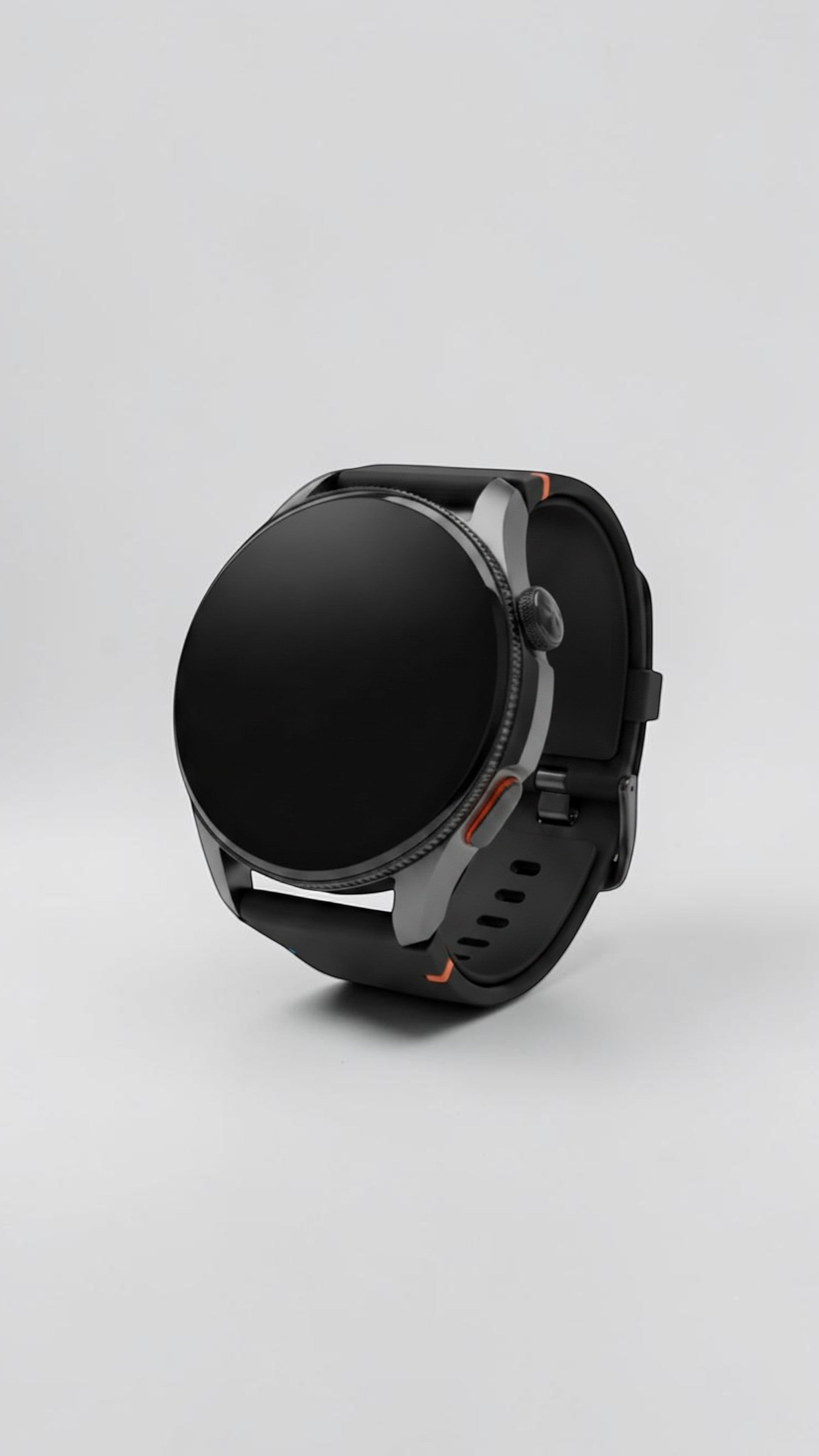 Reloj inteligente Raftec con caja circular negra y correa de silicona bicolor en negro y blanco con detalles naranjas.