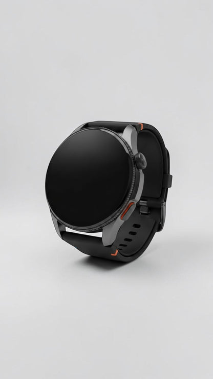 Reloj inteligente Raftec con caja circular negra y correa de silicona bicolor en negro y blanco con detalles naranjas.