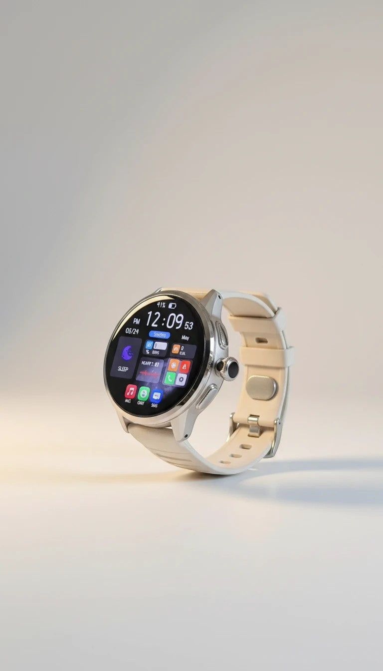 Raftec smartwatch con pantalla digital a todo color y correa de silicona beige. Funciones de salud y notificaciones.