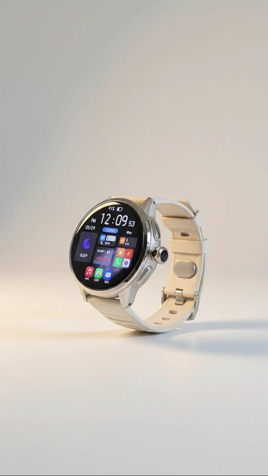 Raftec smartwatch con pantalla digital a todo color y correa de silicona beige. Funciones de salud y notificaciones.