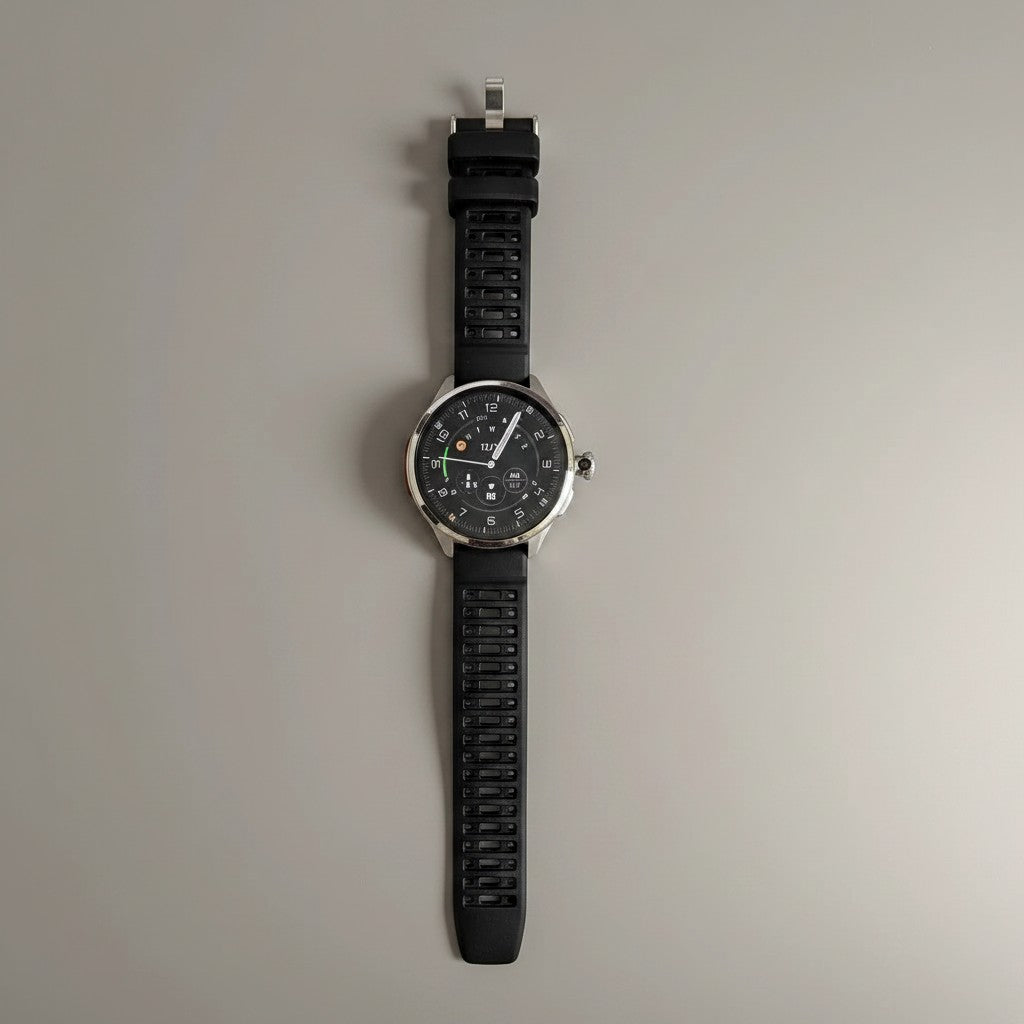 Raftec smartwatch con pantalla digital en color beige y correa de silicona transpirable. Caja de metal pulido.