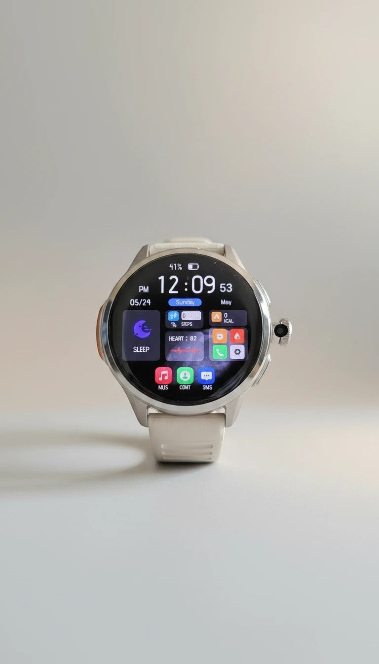 Raftec smartwatch con pantalla digital a color y correa de silicona beige. Funciones de salud y notificaciones.