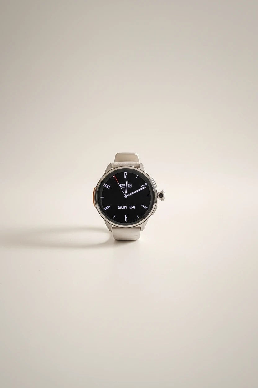 Raftec smartwatch con pantalla digital negra y correa de silicona beige. Caja metálica pulida y diseño moderno.