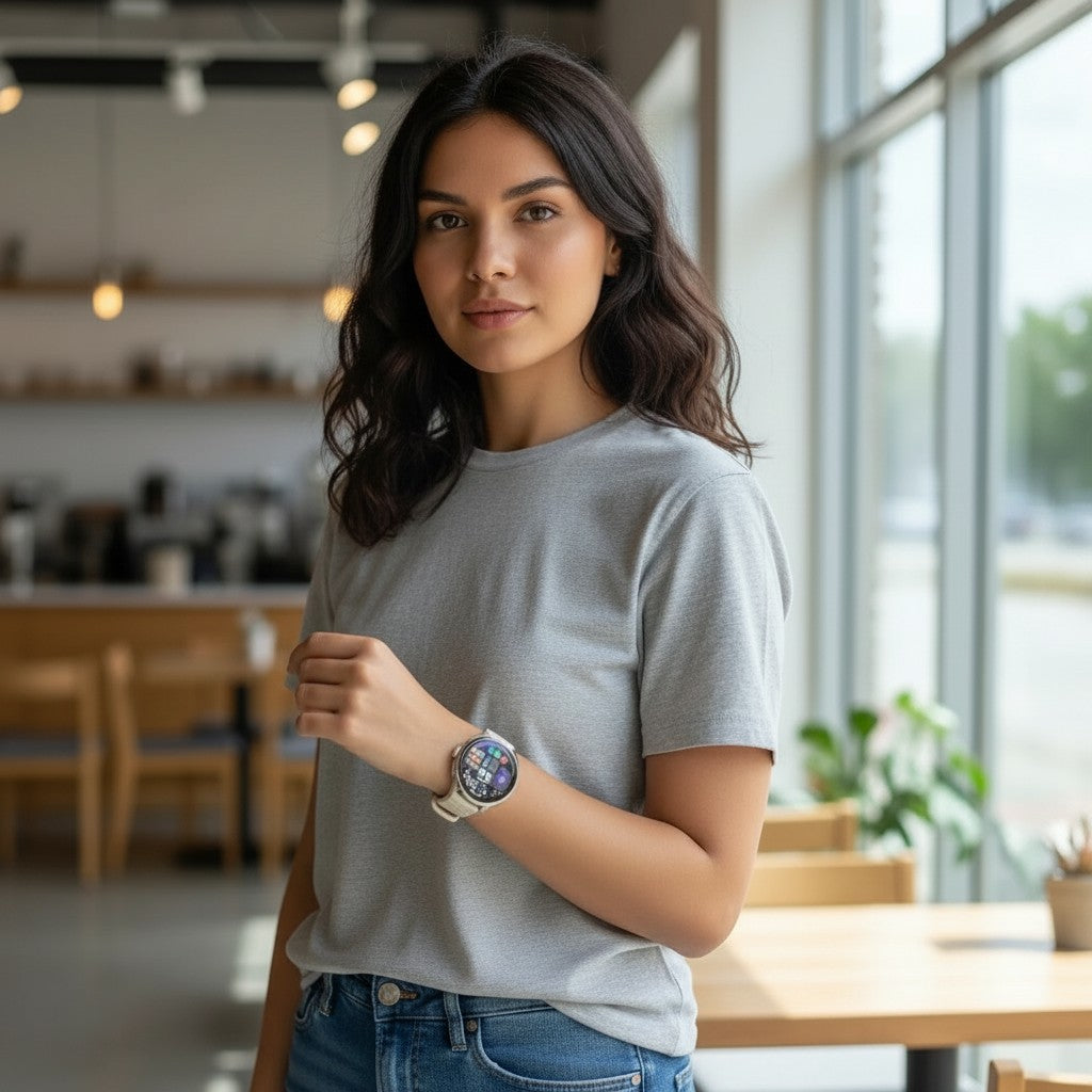 Raftec smartwatch con pantalla digital a todo color y correa beige de silicona, ideal para monitorizar salud y notificaciones.