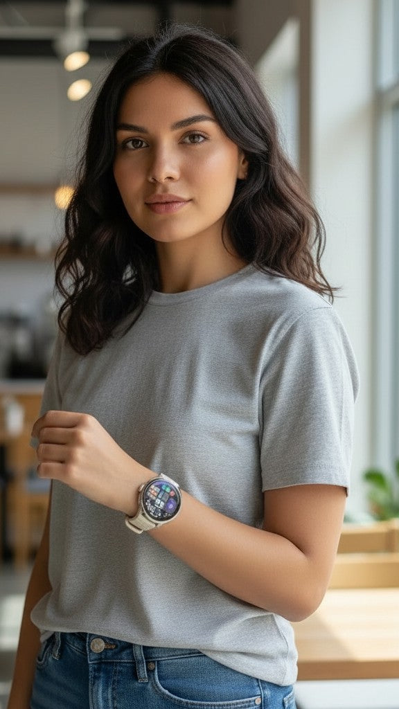 Raftec smartwatch con pantalla digital a todo color y correa beige de silicona, ideal para monitorizar salud y notificaciones.